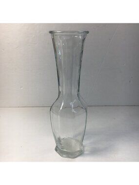 Clear Glass Fluted Flower Vase Hexagonal Base 9" Tall Paneled Design Home Decor